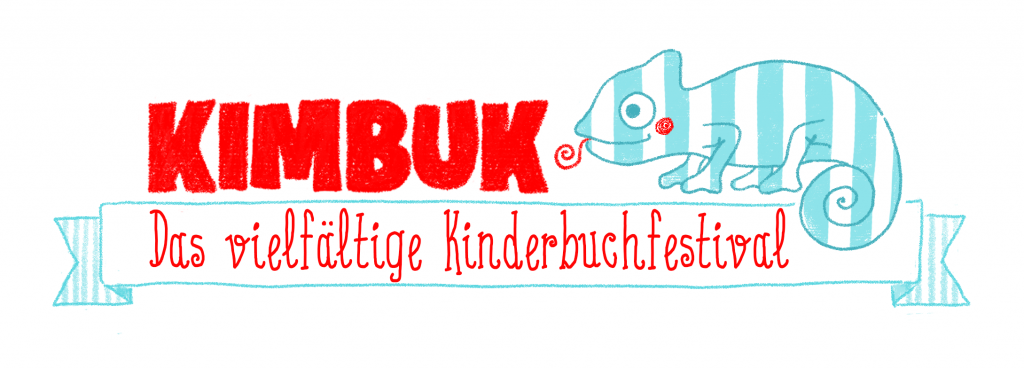 Das Logo zu KIMBUK, dem vielfältigen Kinderbuchfestival: Ein gestreiftes Chamäleon