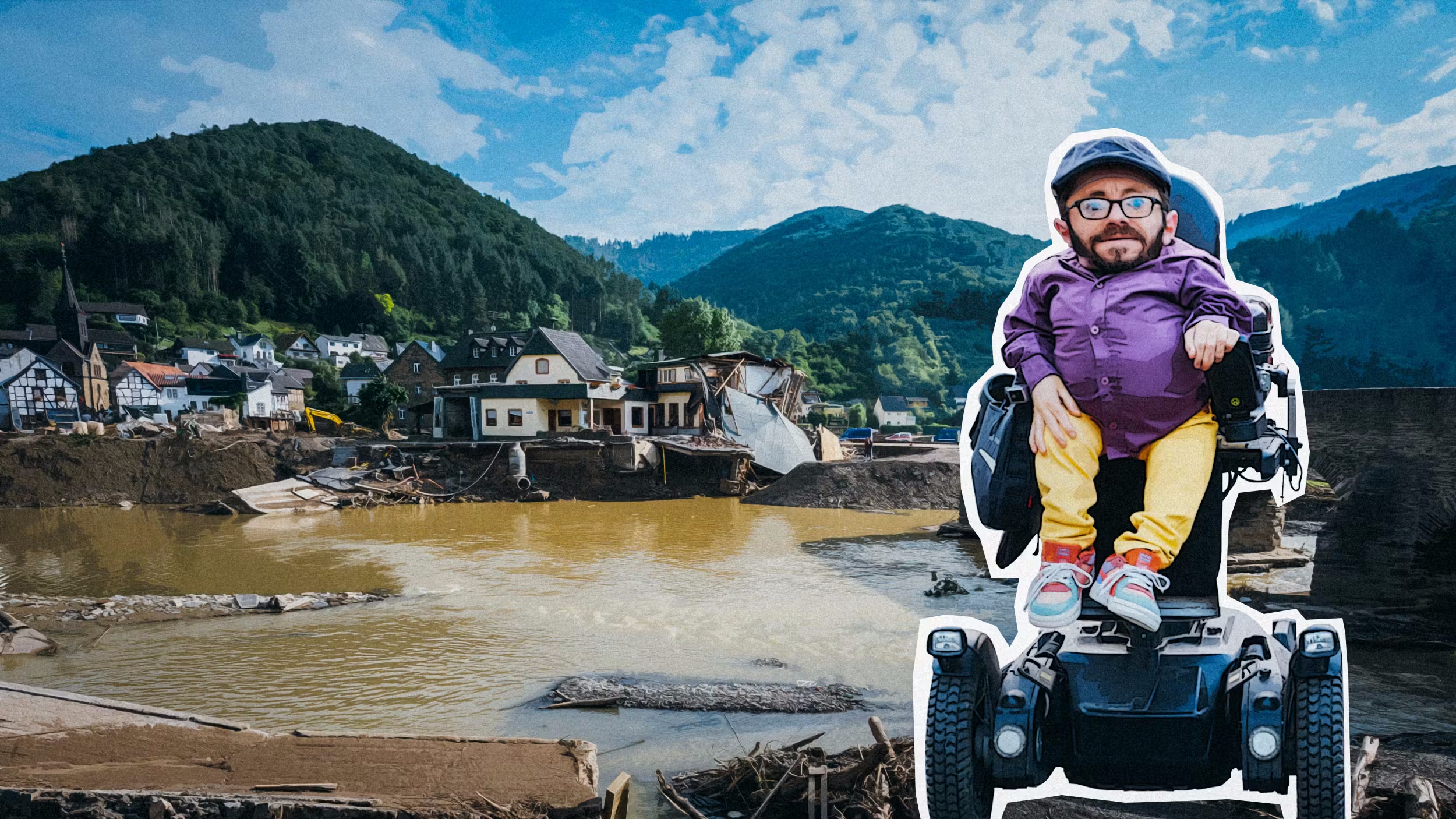 Raul Krauthausen vor Hochwasser als Fotomontage